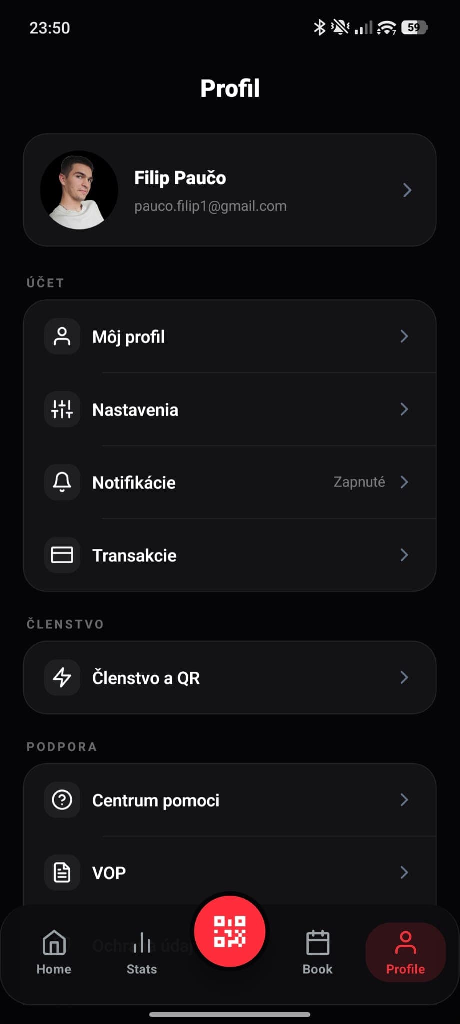 Profilové menu mobilnej aplikácie Tap-it s odkazmi na účet, nastavenia, platby a podporu