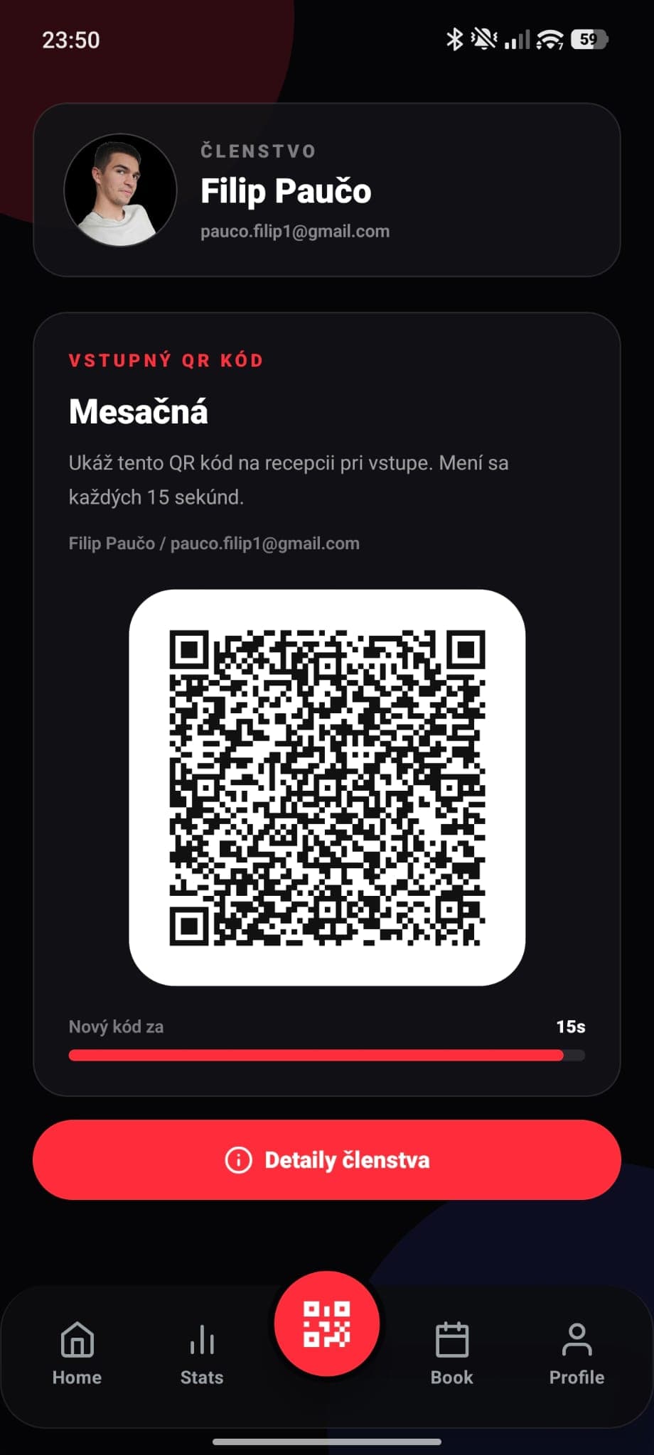 QR obrazovka mobilnej aplikácie Tap-it s členskou kartou a vstupným QR kódom