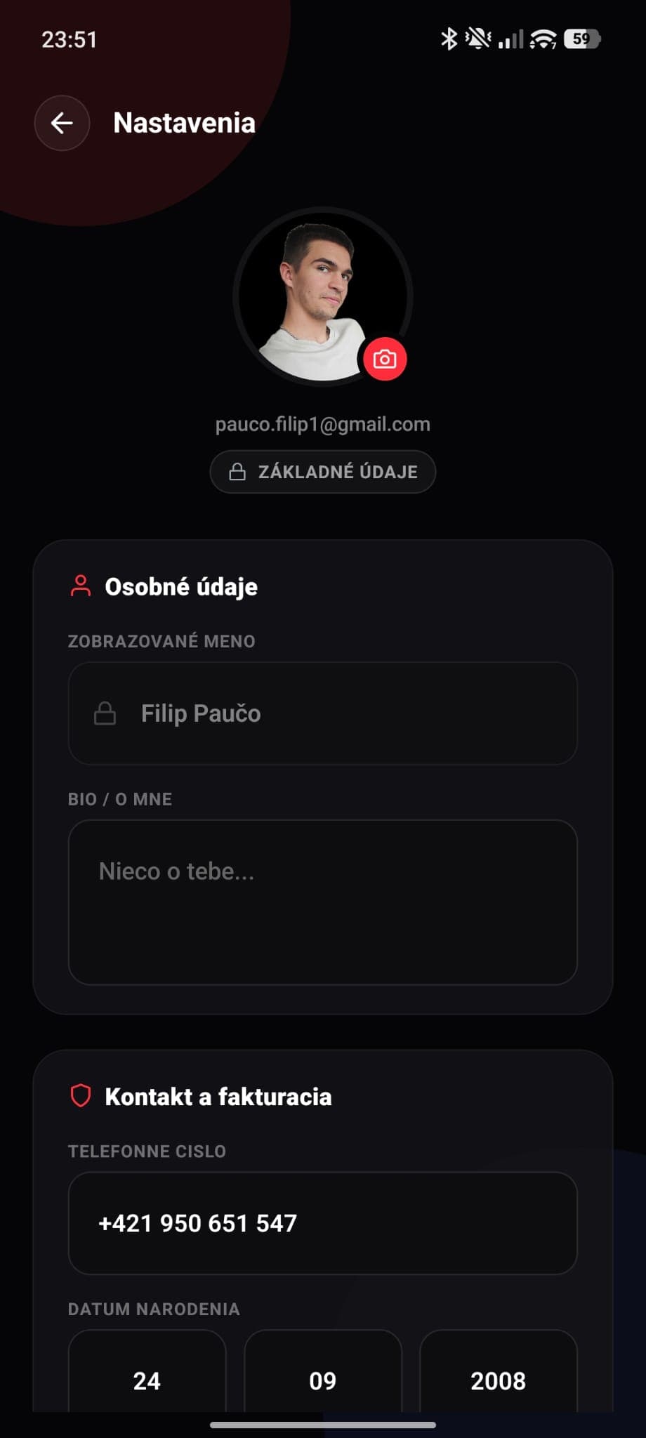 Nastavenia profilu v mobilnej aplikácii Tap-it s formulárom osobných údajov a tréningových cieľov