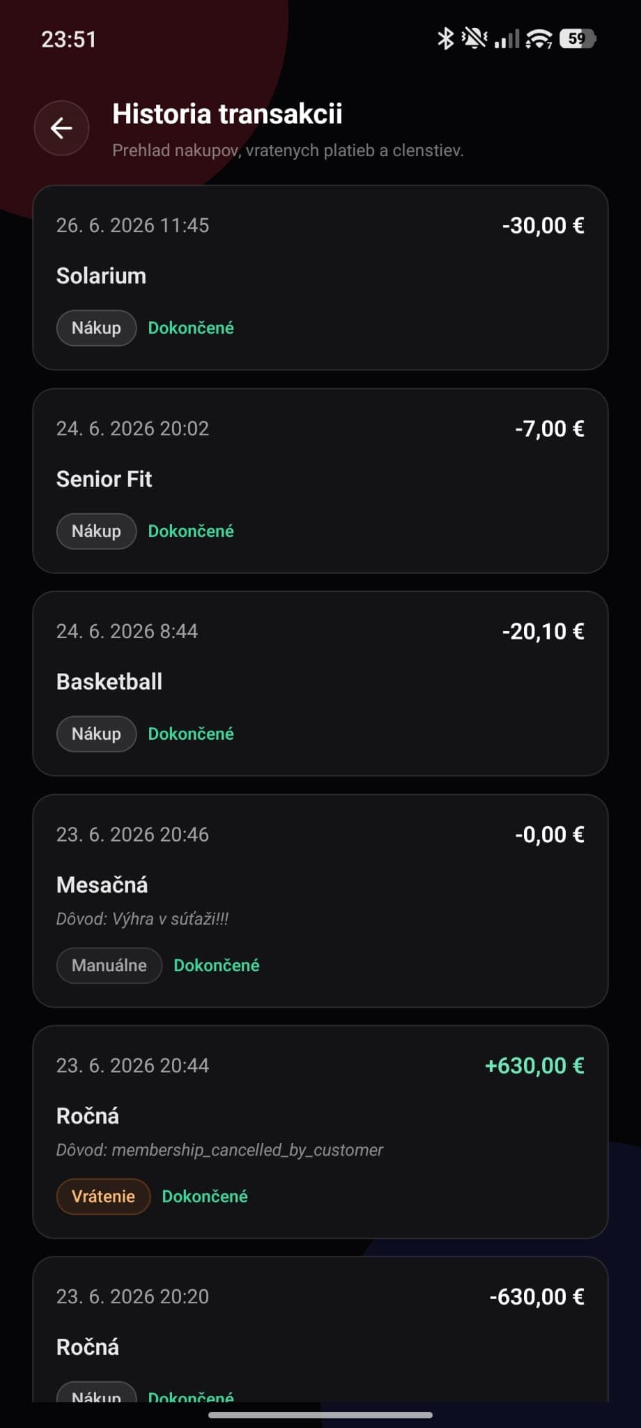 História transakcií v mobilnej aplikácii Tap-it s platbami za členstvá a rezervácie