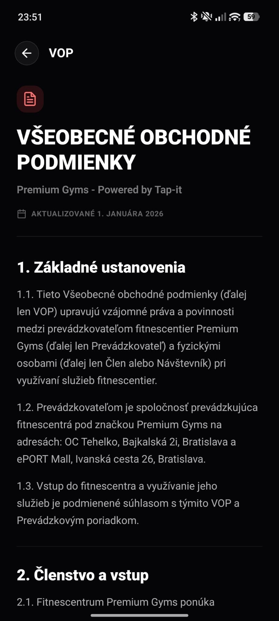 Všeobecné obchodné podmienky v mobilnej aplikácii Tap-it s právnym textom a PDF tlačidlom